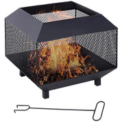 Square Fire Pit Metal Mesh Brazier, 44×44×40cm, Black, Outdoor with Lid, Log Grate, Poker for Backyard Camping Bonfire Wood Burning Stove