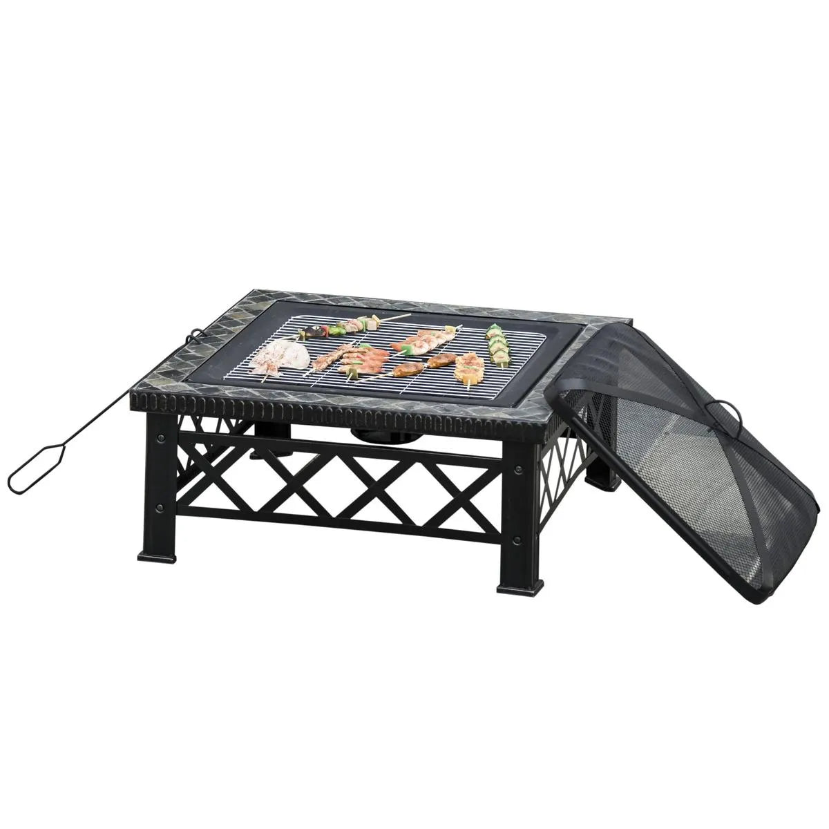 Fire Pit Table Square 3-in-1 Wood Burning Brazier, 76×76×47cm, Black, Outdoor with BBQ Grill, Ice Bucket, Grill Grate, Log Grate, Lid, Poker for Garden Camping Bonfire