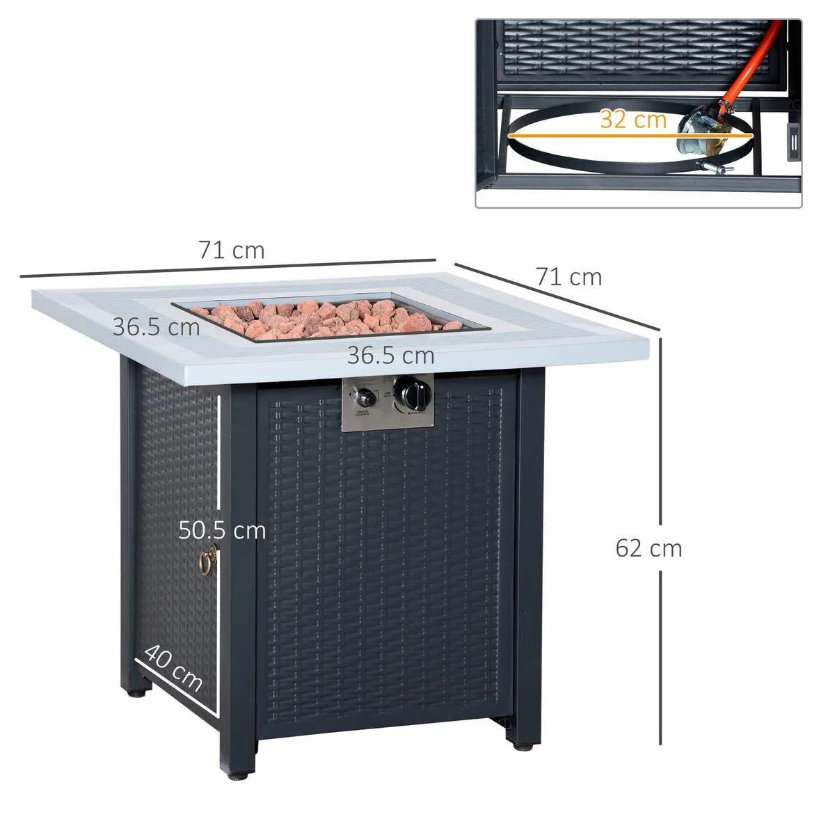 Gas Fire Pit Table, 40,000 BTU, 71×71cm, Black / Grey