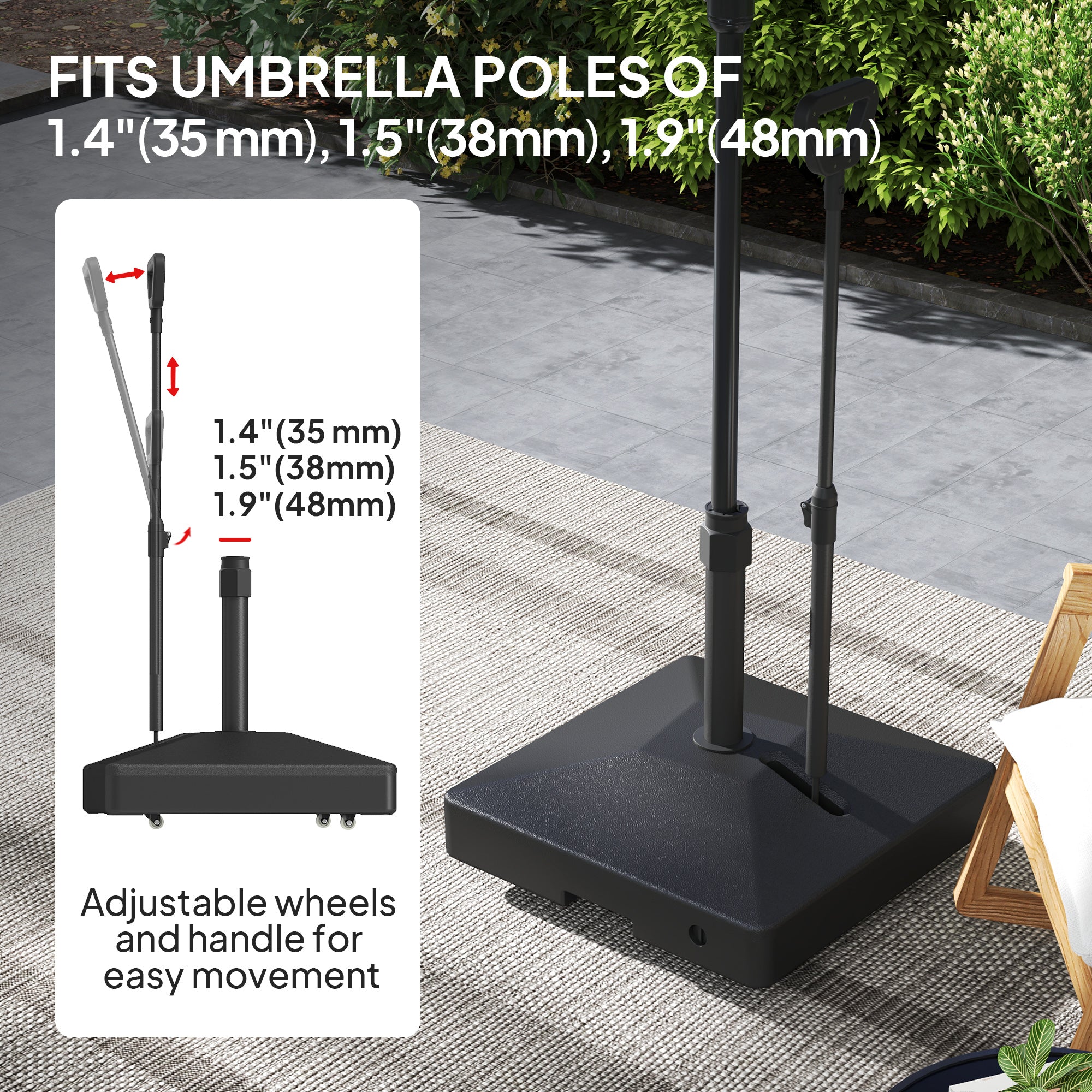 Garden Parasol Base with Adjustable Wheels Handle Filled Up to 55kg with Stand or 45kg with Water for 35mm 38mm 48mm Poles, Black