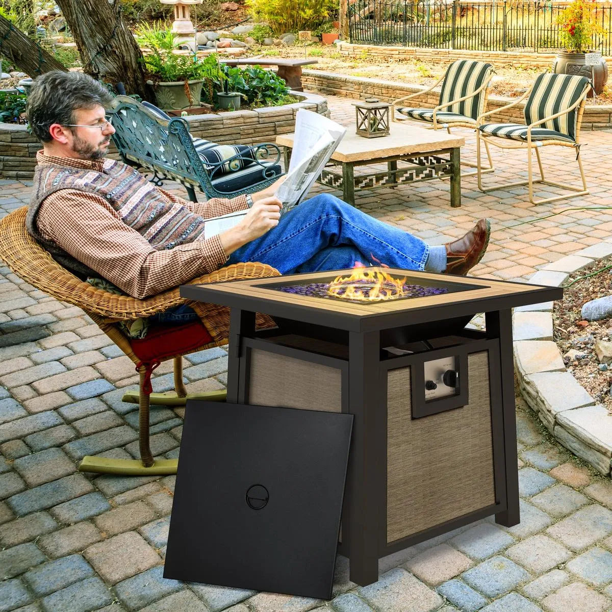 Gas Fire Pit Table, 50,000 BTU, Brown with Cover and Glass Beads