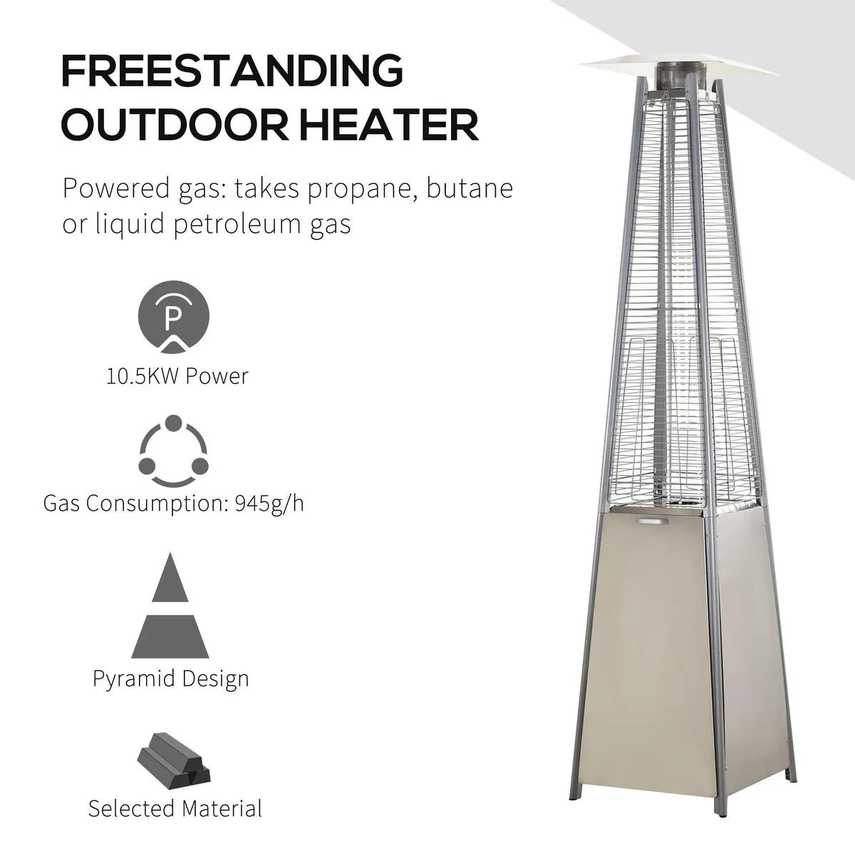 Stainless Steel Outdoor Garden Pyramid Patio Heater with Wheels Rain Cover, Silver