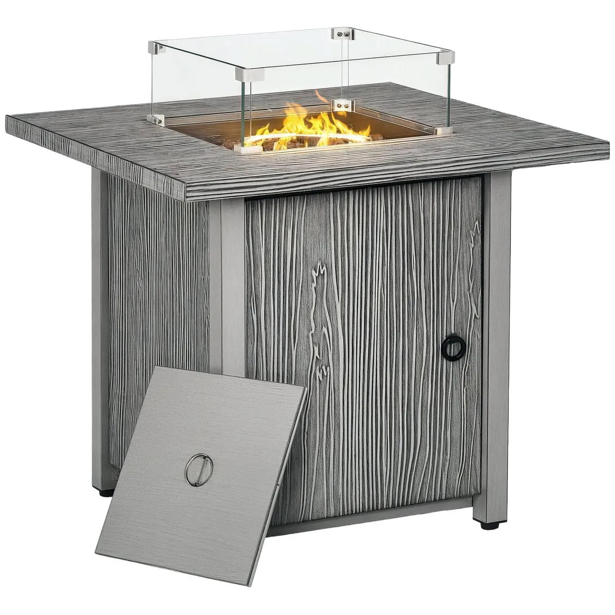 Gas Fire Pit Table, 50,000 TB, 71cm, Grey with Cover and Glass Screen
