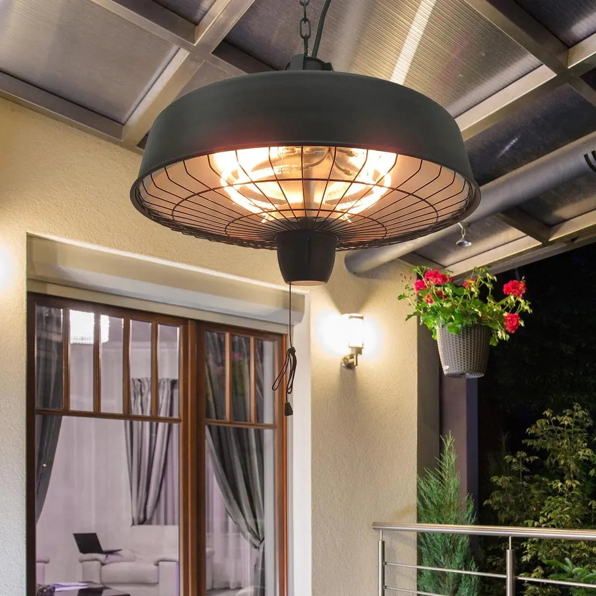 Adjustable Power Infrared Halogen Electric Patio Light Heater 1000/2500W Ceiling Hanging Mount, Black