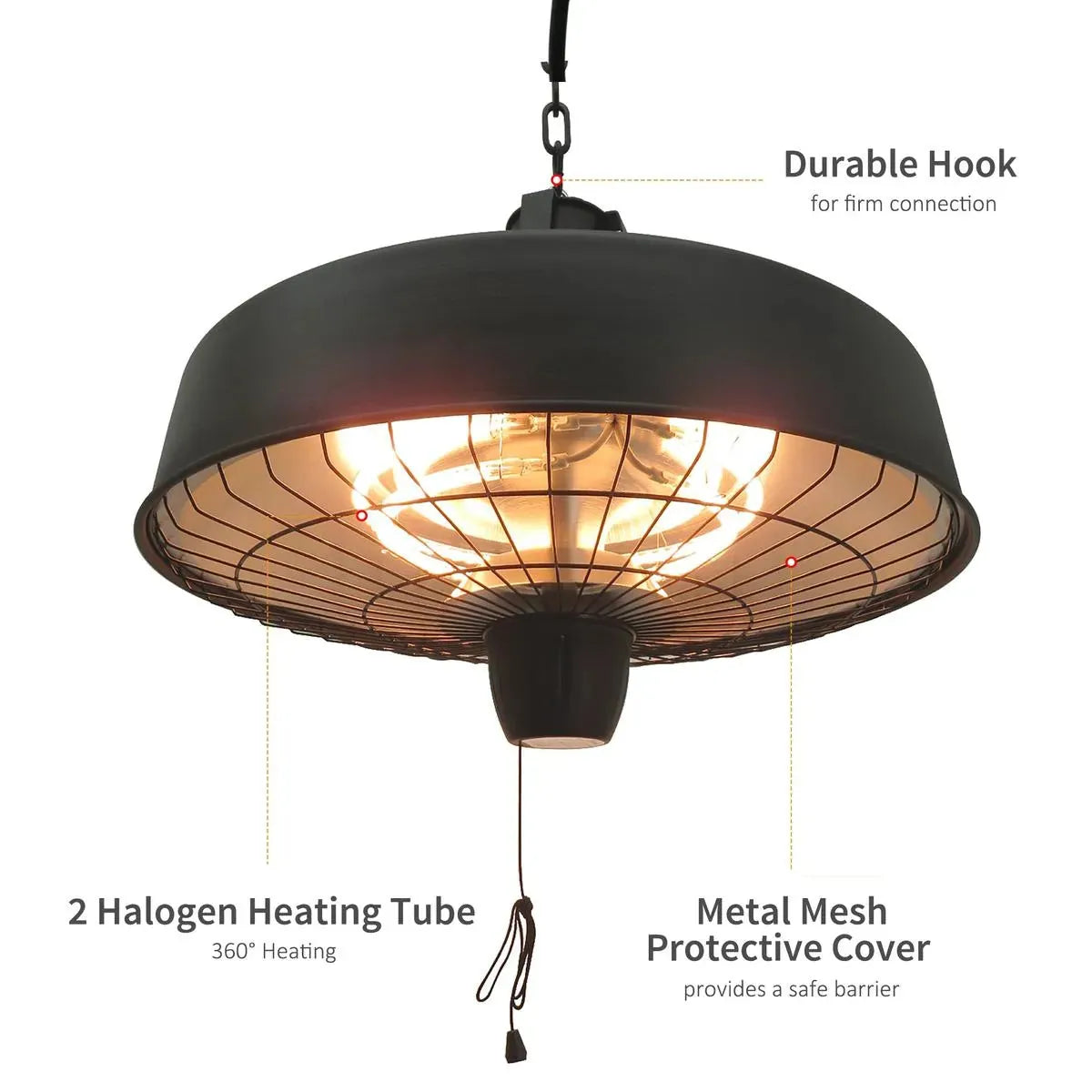 Adjustable Power Infrared Halogen Electric Patio Light Heater 1000/2500W Ceiling Hanging Mount, Black