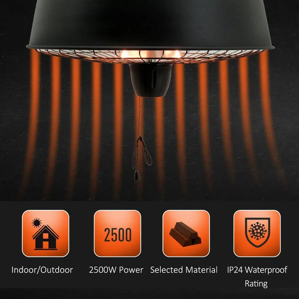 Adjustable Power Infrared Halogen Electric Patio Light Heater 1000/2500W Ceiling Hanging Mount, Black