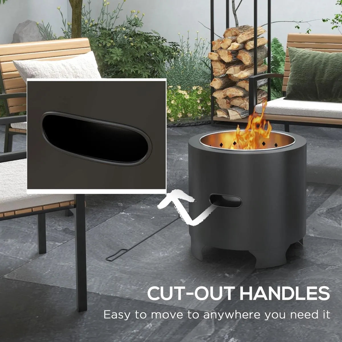 Smokeless Fire Pit Portable Wood Burning, 45cm, Black, Round Metal Bonfire Stove with Poker for Garden Camping