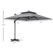 Cantilever Parasol 3x3m Aluminium Frame Crank Tilt 360° Rotation Double Top Garden Umbrella with Cover Cross Base Only, Light Grey