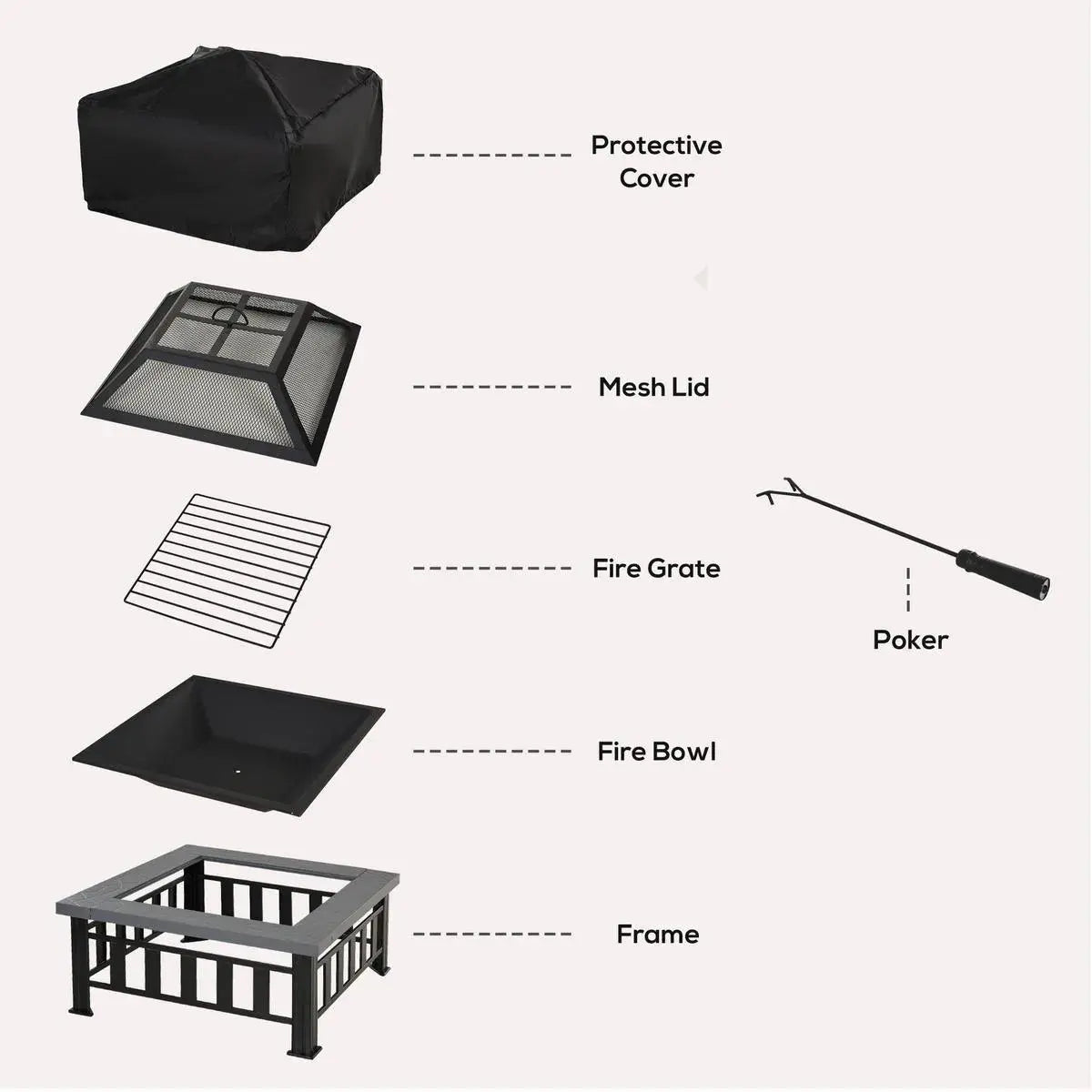 Square Fire Pit Metal Brazier, 86×86×54cm, Black, Outdoor with Rain Cover, Lid, Log Grate, Poker for Backyard Camping BBQ Bonfire Wood Burning Stove