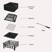 Square Fire Pit Metal Brazier, 86×86×54cm, Black, Outdoor with Rain Cover, Lid, Log Grate, Poker for Backyard Camping BBQ Bonfire Wood Burning Stove
