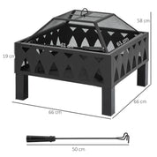 Fire Pit Outdoor, 66cm, Black, with Screen Cover and Poker for Patio Backyard Wood Burner Firepit Bowl