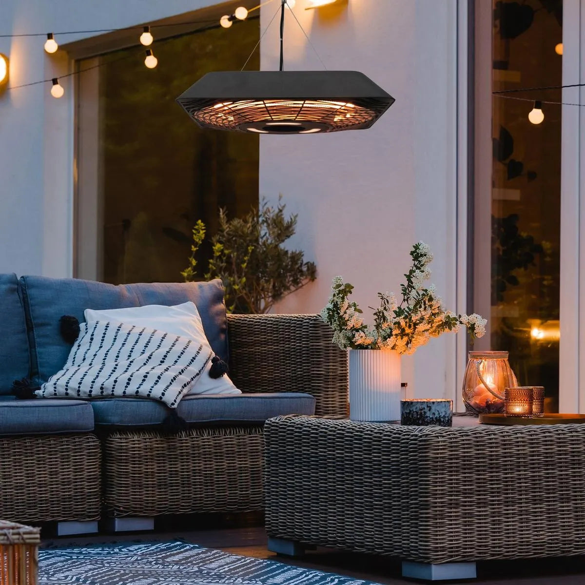 Electric Hanging Patio Heater 2000W Ceiling Mounted Halogen Heating Indoor Outdoor Remote Control Aluminium