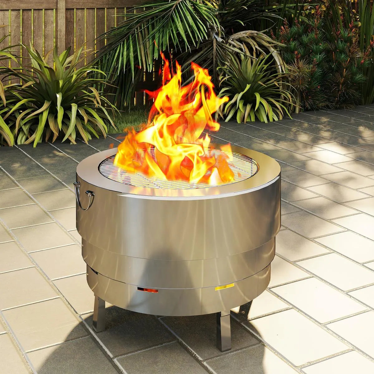 Fire Pit Wood-burning Stainless Steel with Fire Poker, Silver