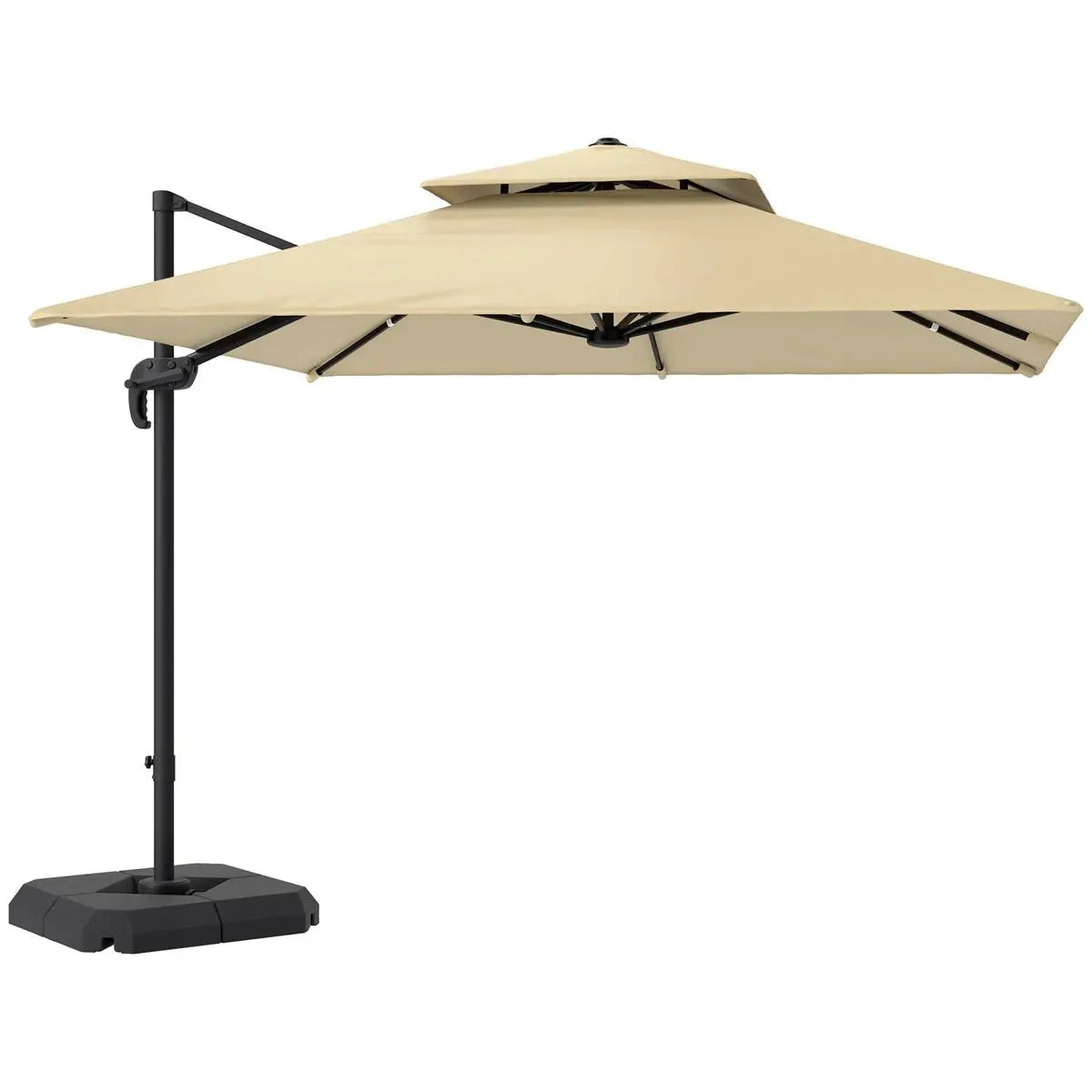 Cantilever Parasol 2.7x2.7m Aluminium Frame Crank Tilt 360° Rotation Double Top Garden Umbrella with Base and Cover, Khaki