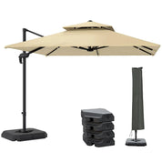 Cantilever Parasol 2.7x2.7m Aluminium Frame Crank Tilt 360° Rotation Double Top Garden Umbrella with Base and Cover, Khaki