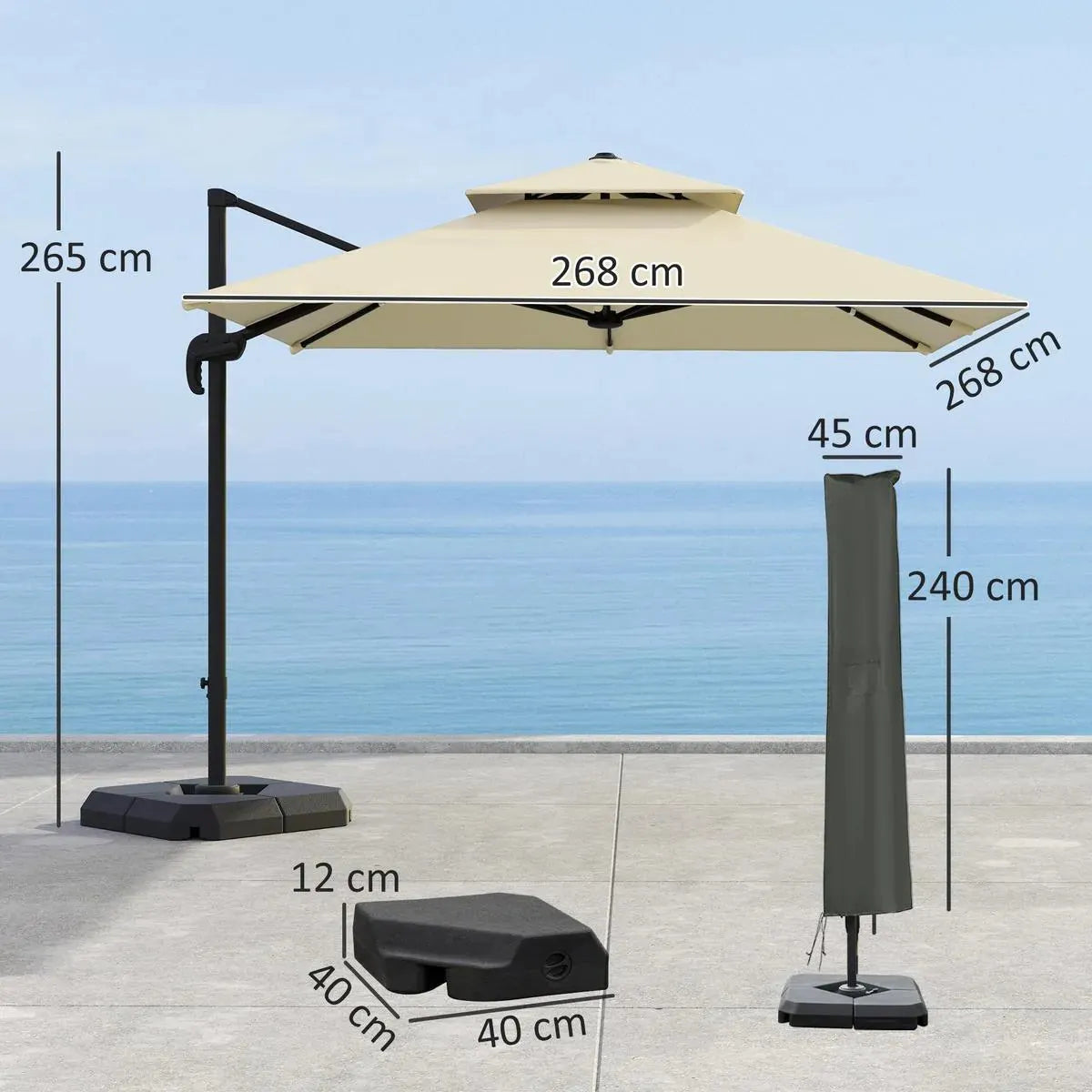 Cantilever Parasol 2.7x2.7m Aluminium Frame Crank Tilt 360° Rotation Double Top Garden Umbrella with Base and Cover, Khaki