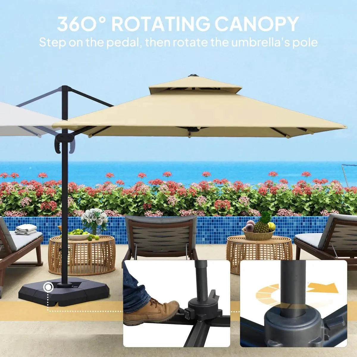 Cantilever Parasol 2.7x2.7m Aluminium Frame Crank Tilt 360° Rotation Double Top Garden Umbrella with Base and Cover, Khaki