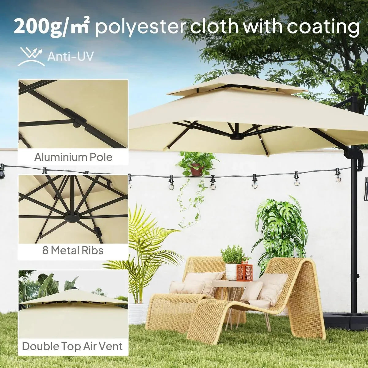 Cantilever Parasol 2.7x2.7m Aluminium Frame Crank Tilt 360° Rotation Double Top Garden Umbrella with Base and Cover, Khaki