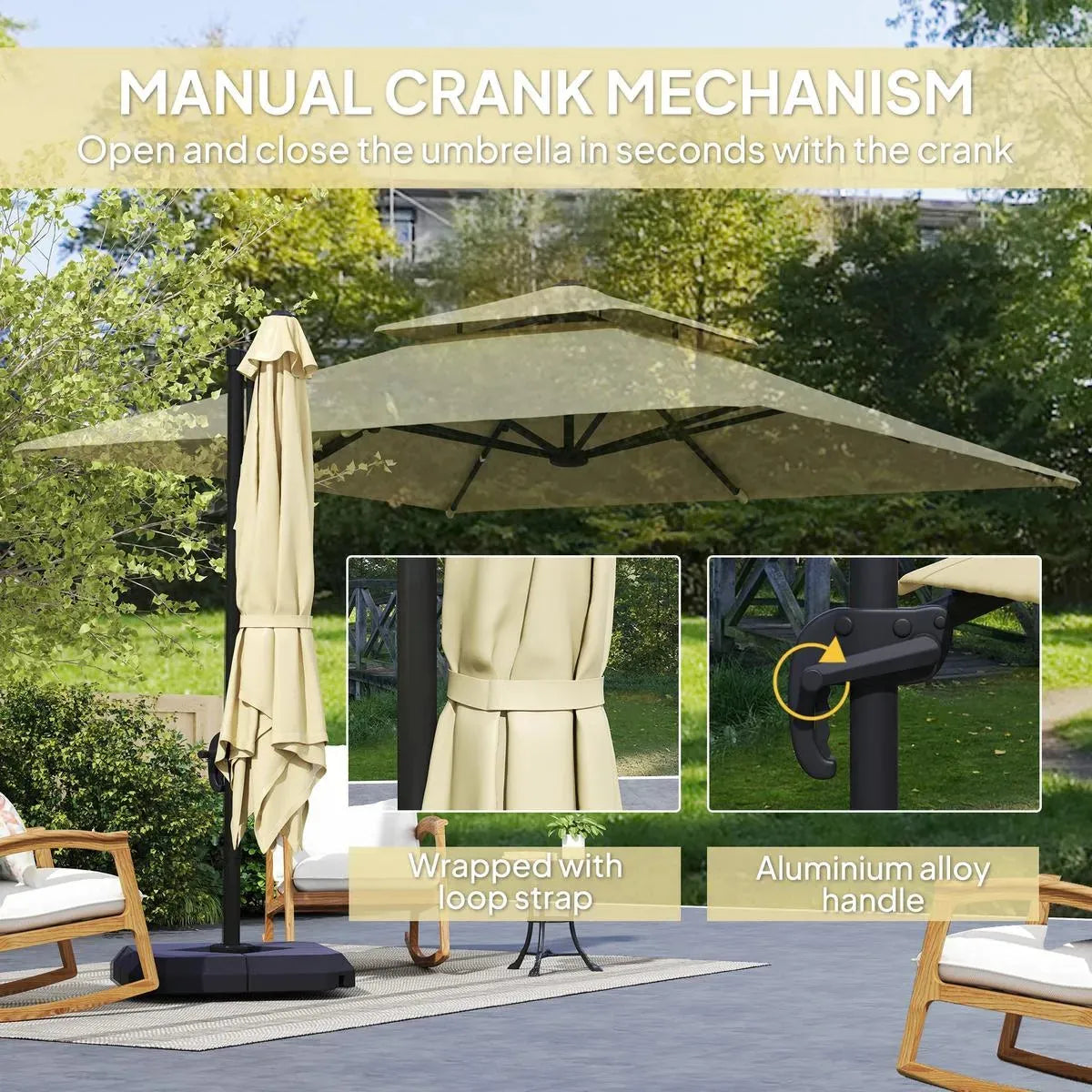 Cantilever Parasol 2.7x2.7m Aluminium Frame Crank Tilt 360° Rotation Double Top Garden Umbrella with Base and Cover, Khaki