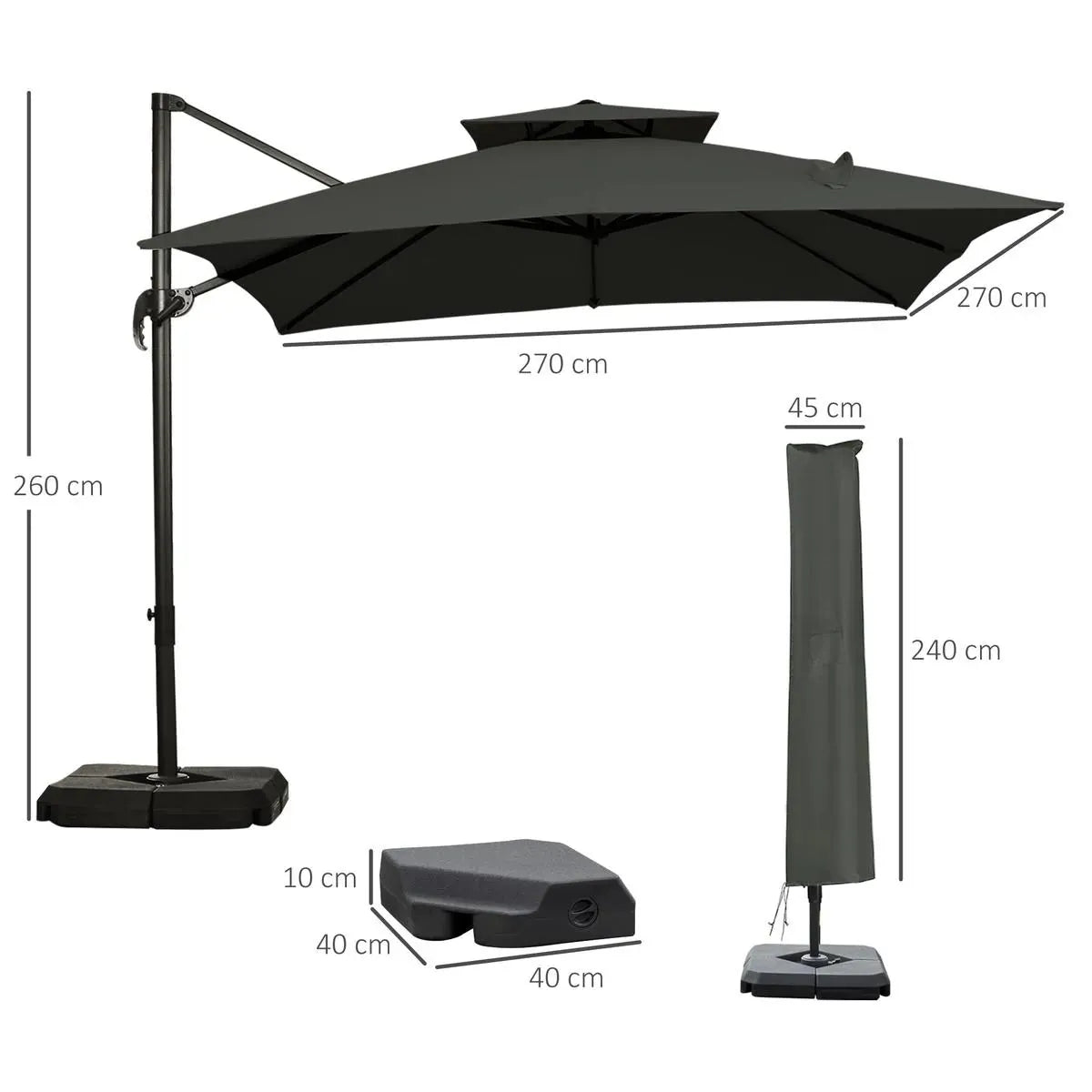 Cantilever Parasol 360° Rotation Angle Adjustment Outdoor Market Garden Umbrella, Dark Grey