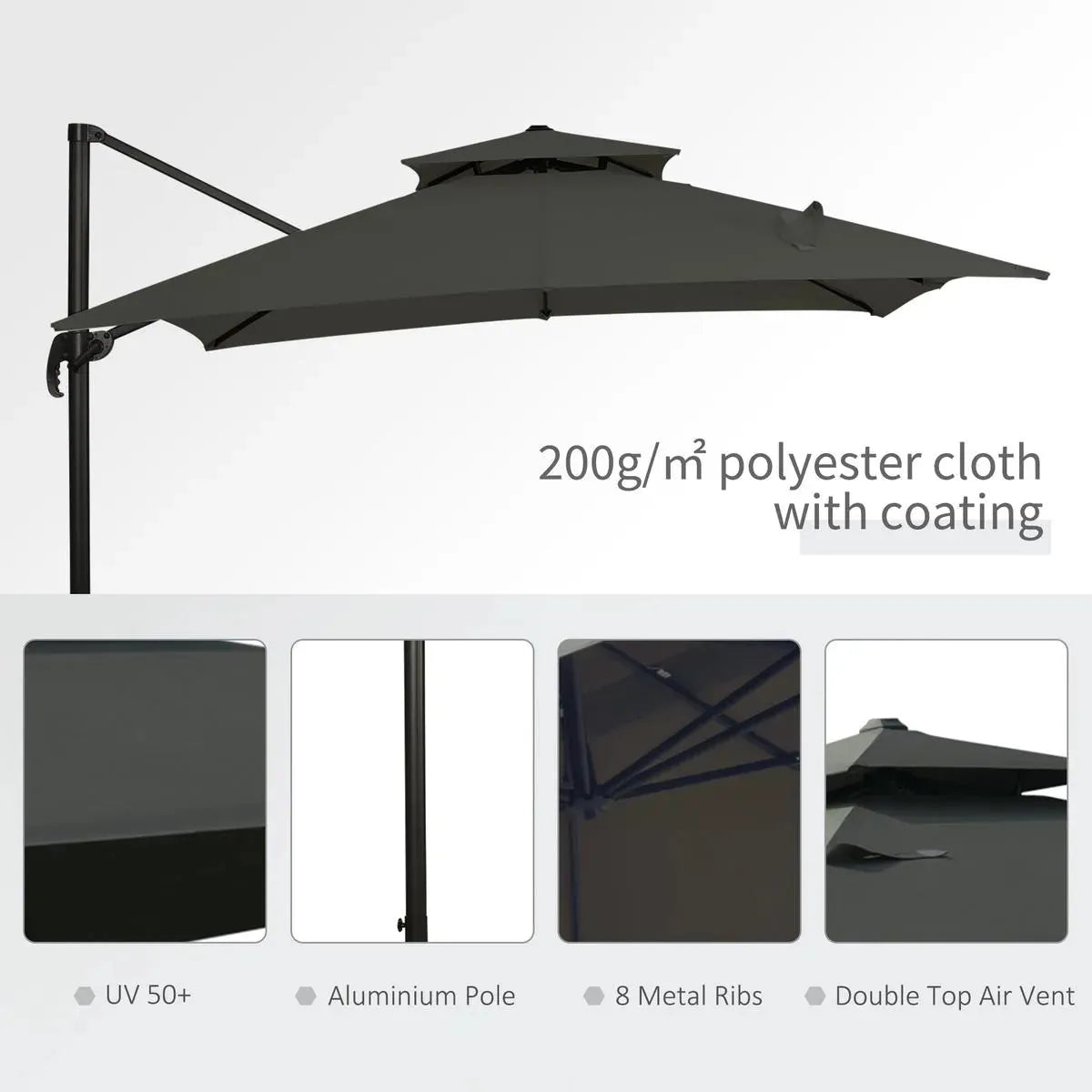 Cantilever Parasol 360° Rotation Angle Adjustment Outdoor Market Garden Umbrella, Dark Grey