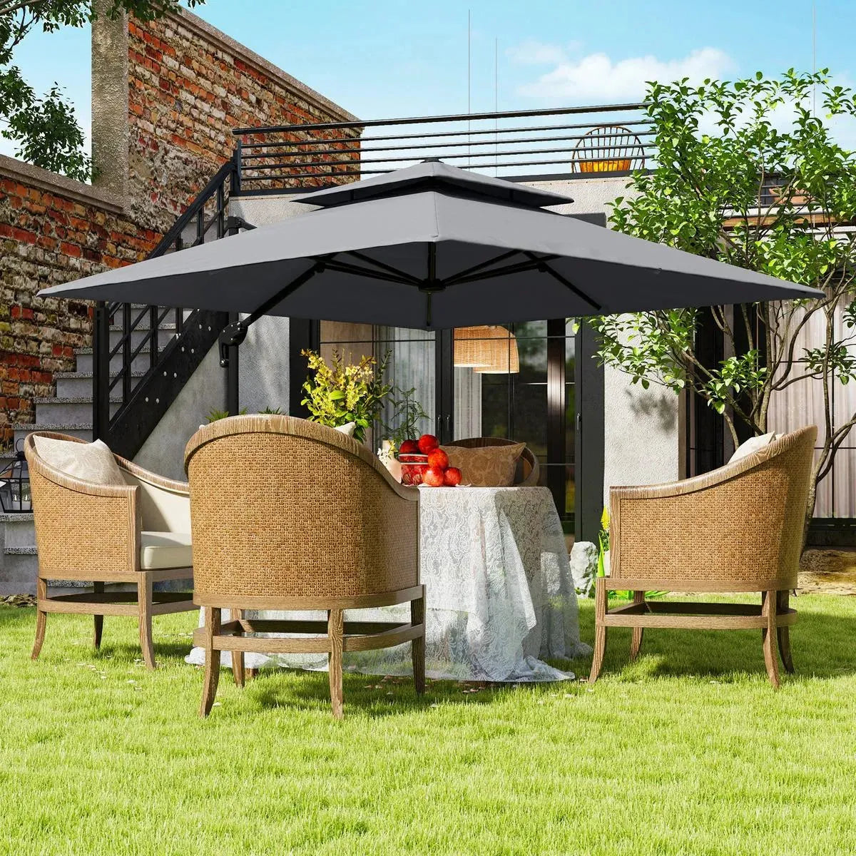 Cantilever Parasol 3x3m Aluminium Frame Crank Tilt 360° Rotation Double Top Garden Umbrella with Cover Cross Base Only, Light Grey
