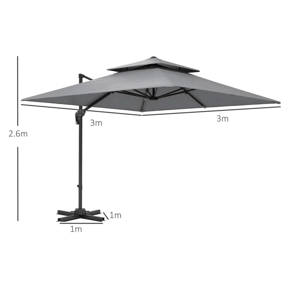 Cantilever Parasol 3x3m Aluminium Frame Crank Tilt 360° Rotation Double Top Garden Umbrella with Cover Cross Base Only, Light Grey