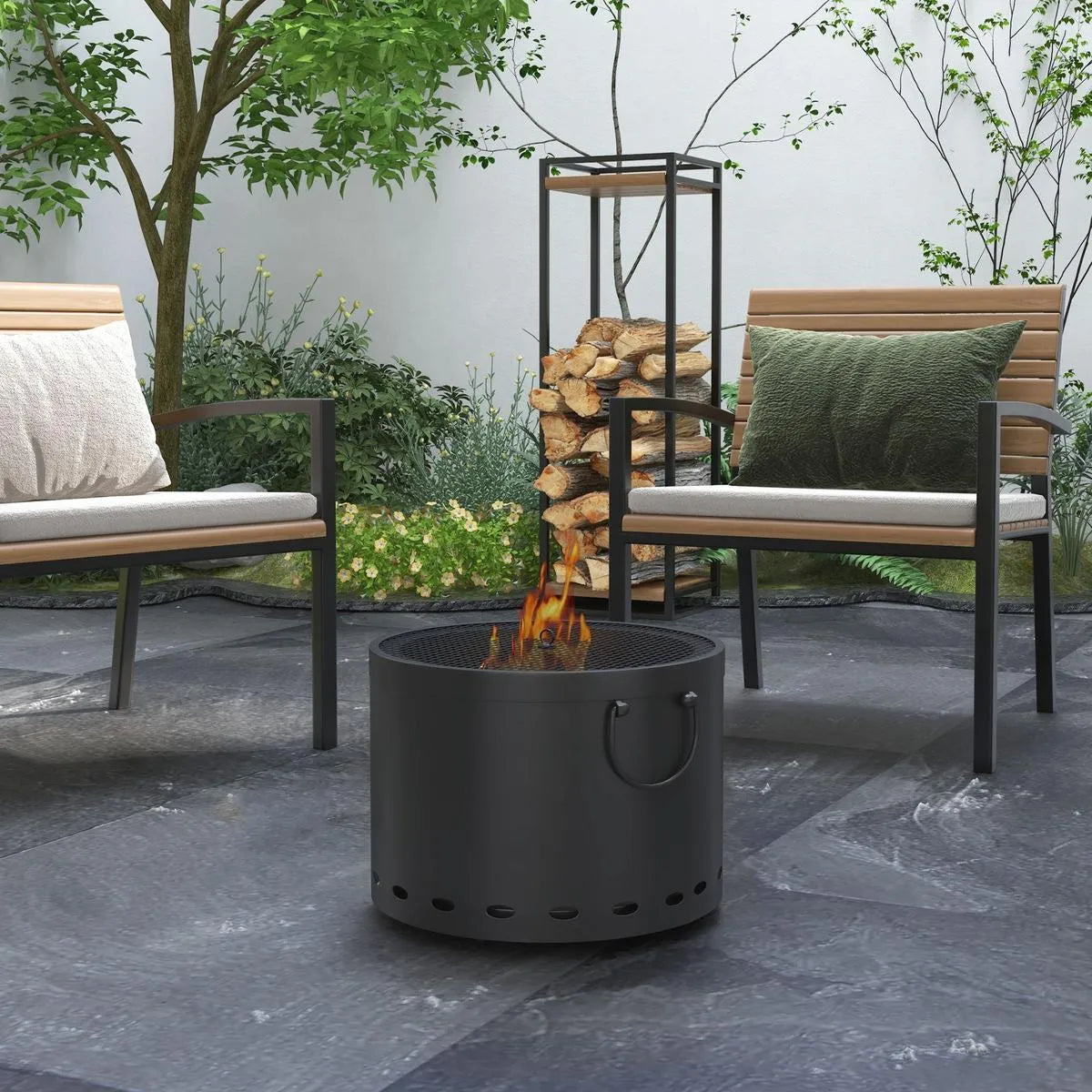 Smokeless Fire Pit Portable Wood Burning, 38cm, Dark Grey with Spark Screen and Poker for Garden Patio Picnic Bonfire Stove