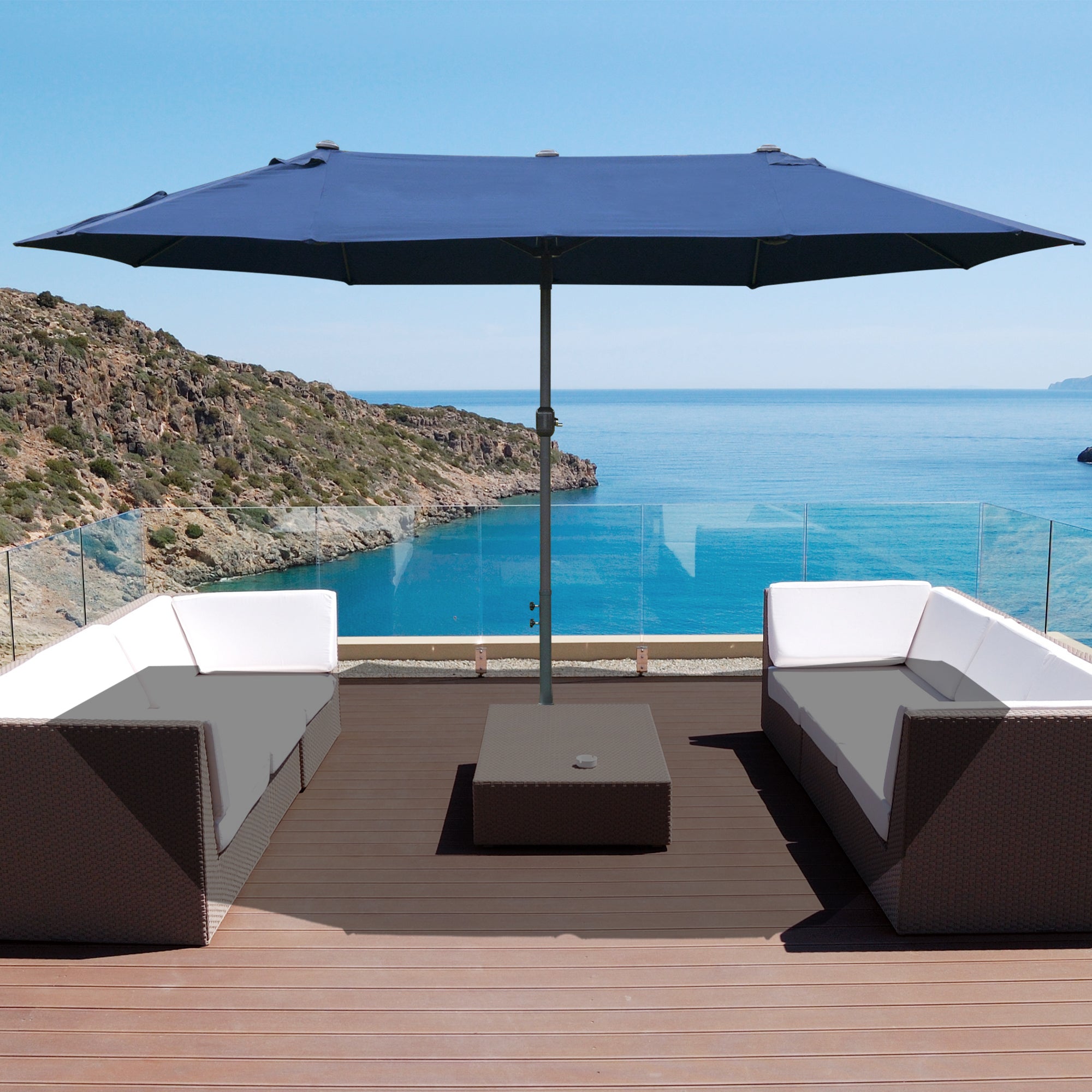 Double-Sided Sun Umbrella Canopy 4.6m Crank Shade with Cross Base, Dark Blue