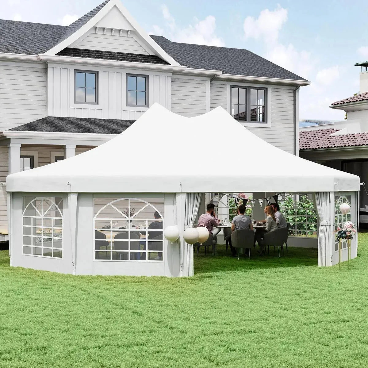 Octagonal Garden Gazebo, 8-Sided, 6.8×5 m, White Heavy Duty Metal Frame Outdoor Marquee Party & Wedding Canopy