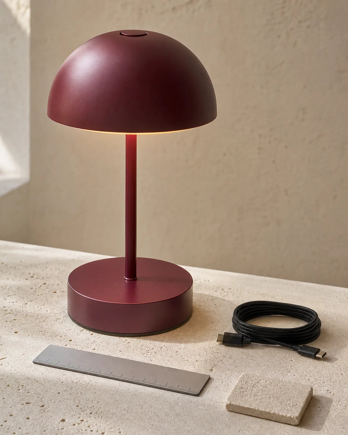 Burgundy cordless table lamp with charging cable and material details on pale stone