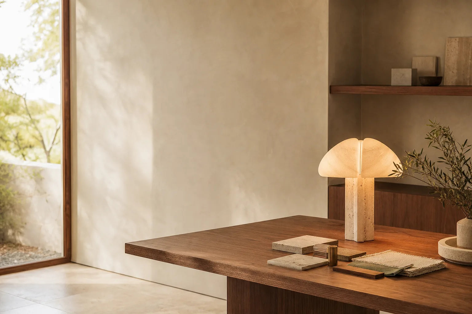 Original sculptural table lamp and natural material samples in a calm contemporary design studio