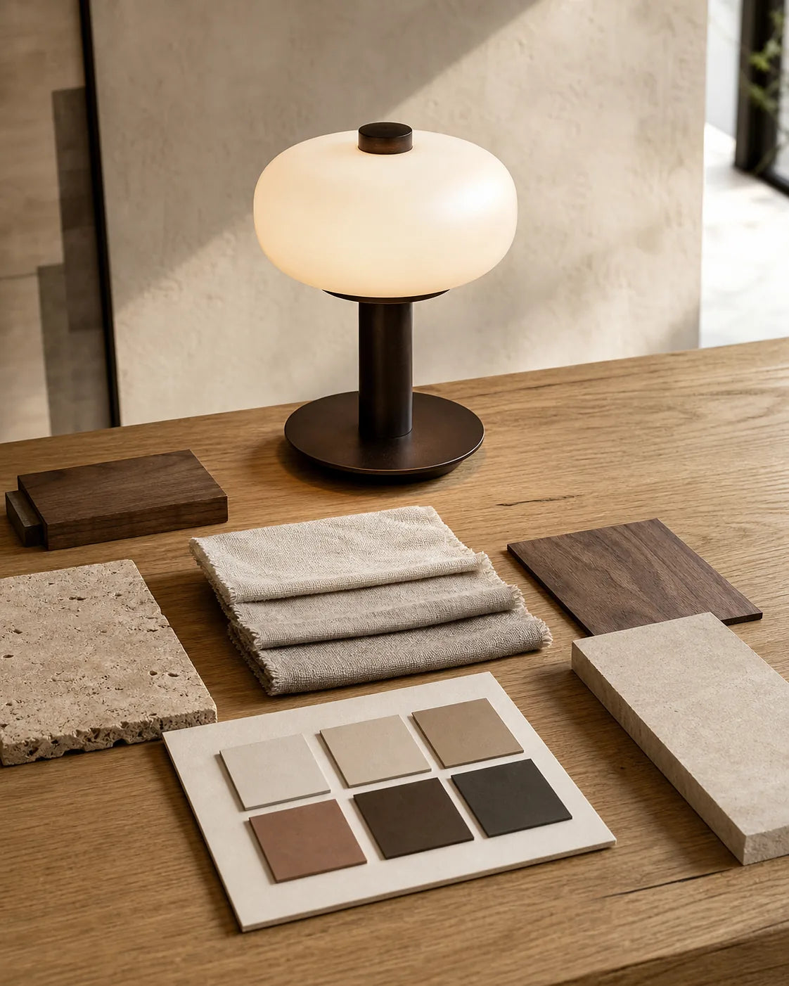 Opal glass table lamp surrounded by stone wood and linen samples on an oak design table