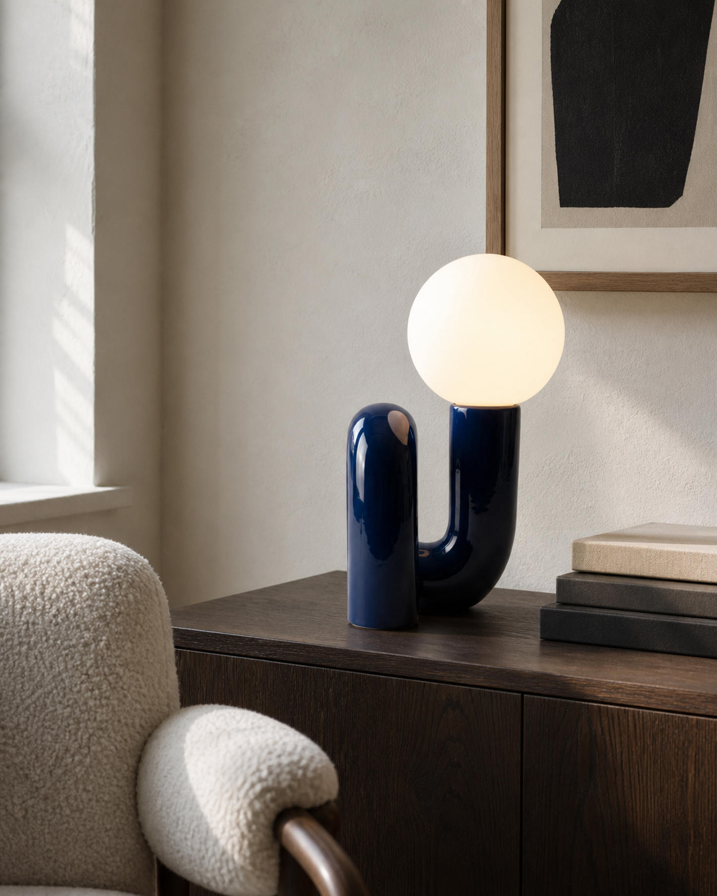 ARCA Designer Table Lamp — Postmodern Resin Base, Glass Globe — Blue, lifestyle view, reading | DecoHarmonie