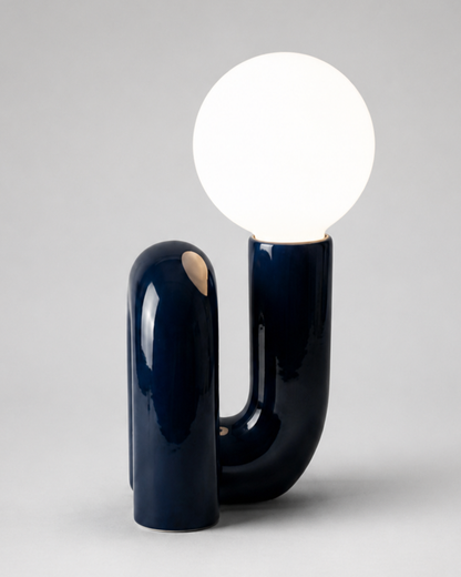 ARCA Designer Table Lamp — Postmodern Resin Base, Glass Globe — Blue, studio packshot on grey background | DecoHarmonie