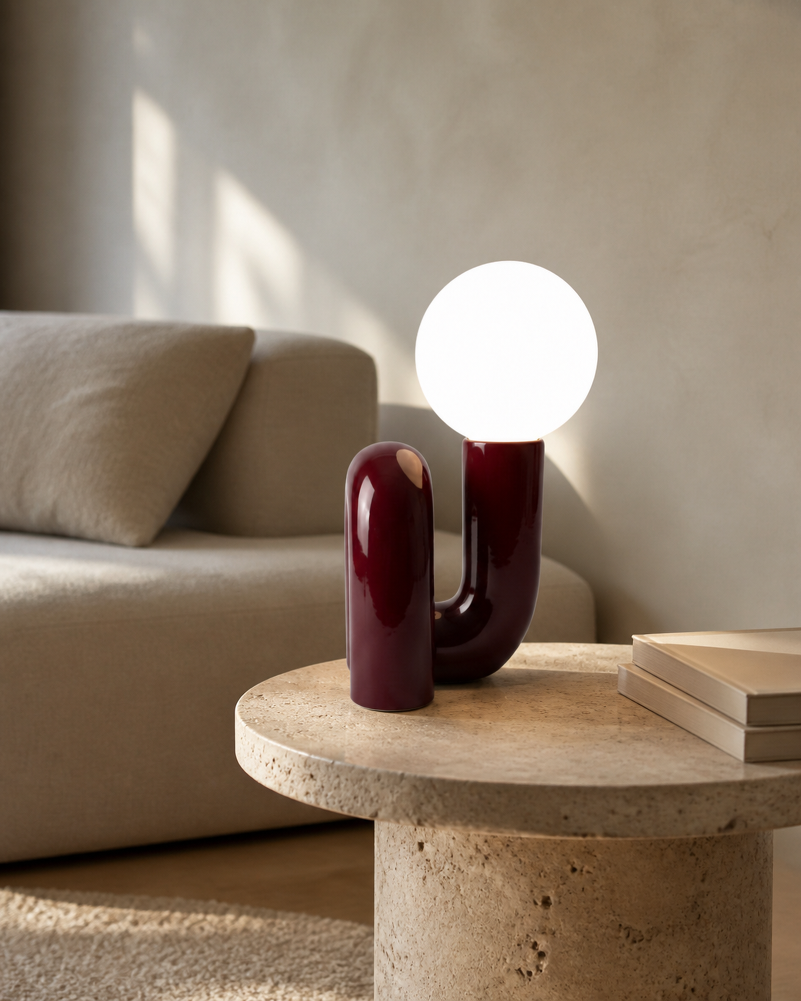 ARCA Designer Table Lamp — Postmodern Resin Base, Glass Globe — Burgundy, lifestyle view, living | DecoHarmonie