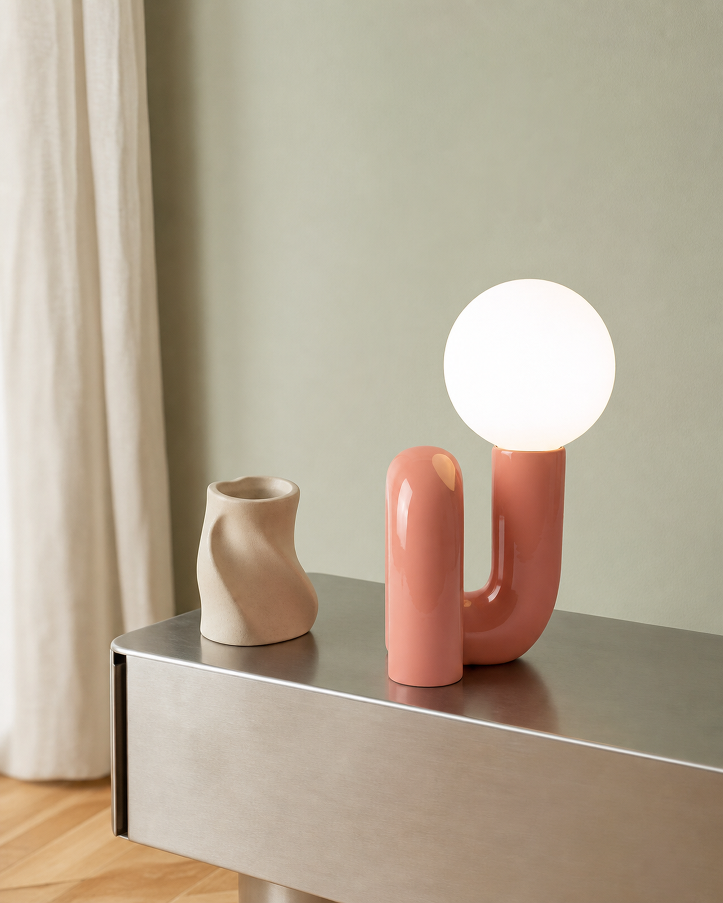 ARCA Designer Table Lamp — Postmodern Resin Base, Glass Globe — Pink, lifestyle view, console | DecoHarmonie