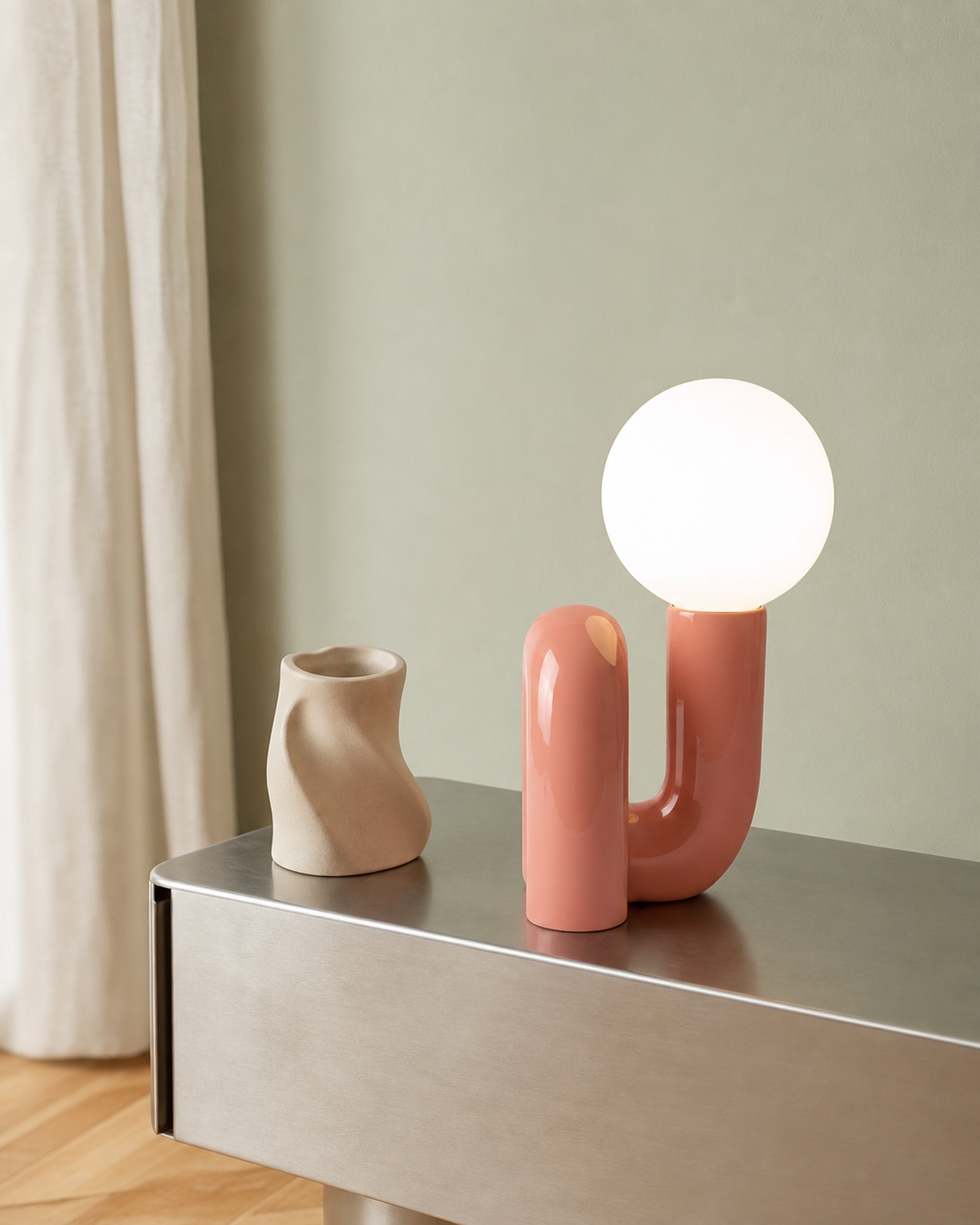 ARCA Designer Table Lamp — Postmodern Resin Base, Glass Globe — Pink, lifestyle view, console | DecoHarmonie