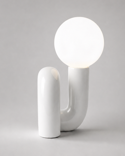 ARCA Designer Table Lamp — Postmodern Resin Base, Glass Globe — White, studio packshot on grey background | DecoHarmonie