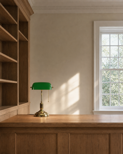 ANTIK Banker's Desk Lamp — Emerald Green Glass, Vintage Brass — Antique Green, contextual scale | DecoHarmonie