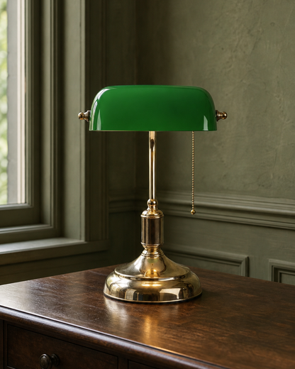 ANTIK Banker's Desk Lamp — Emerald Green Glass, Vintage Brass — Antique Green, lifestyle | DecoHarmonie