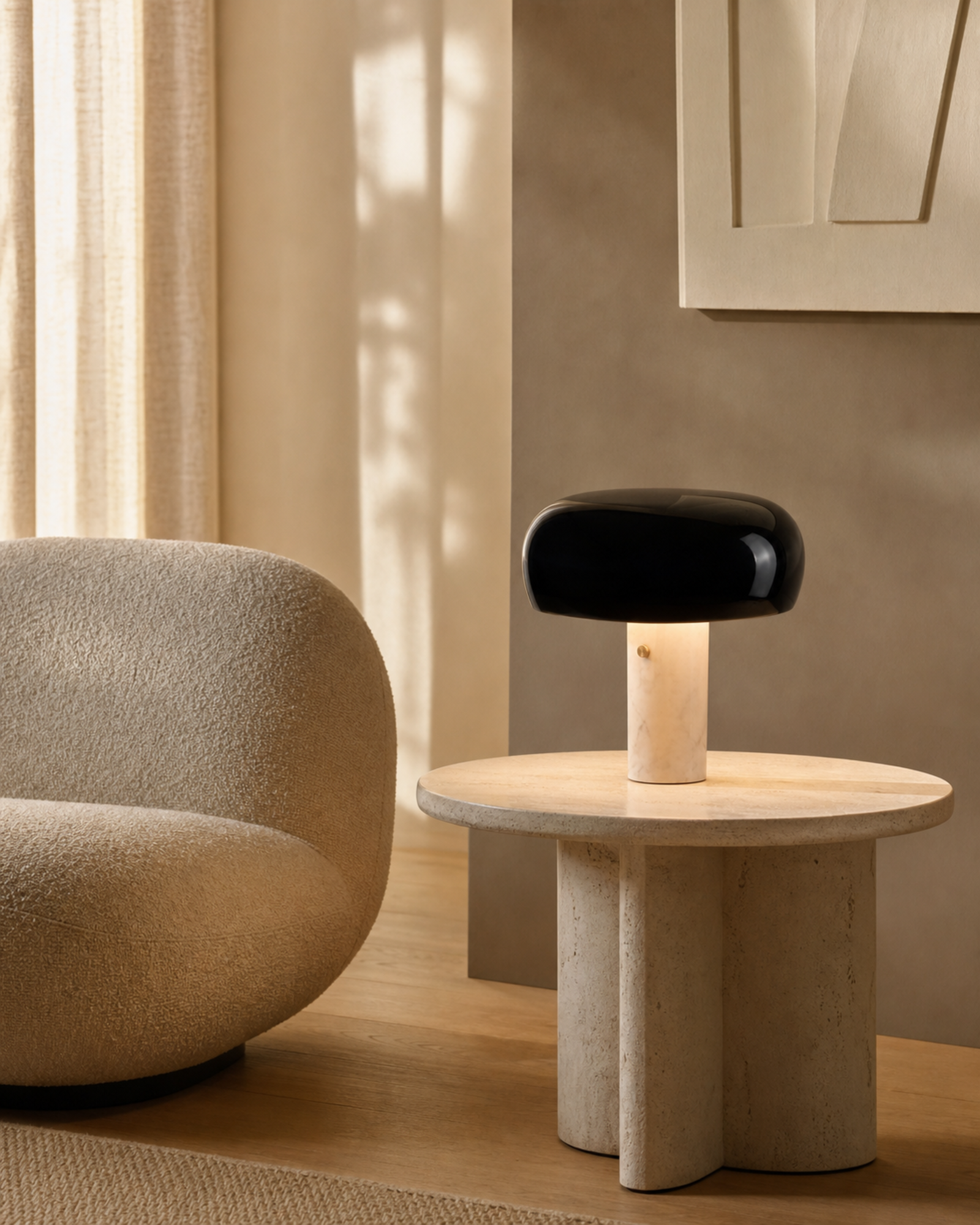 CAMOS Marble Mushroom Table Lamp — Nordic Design, Soft LED Glow — Black Large, lifestyle view, limestone lounge | DecoHarmonie