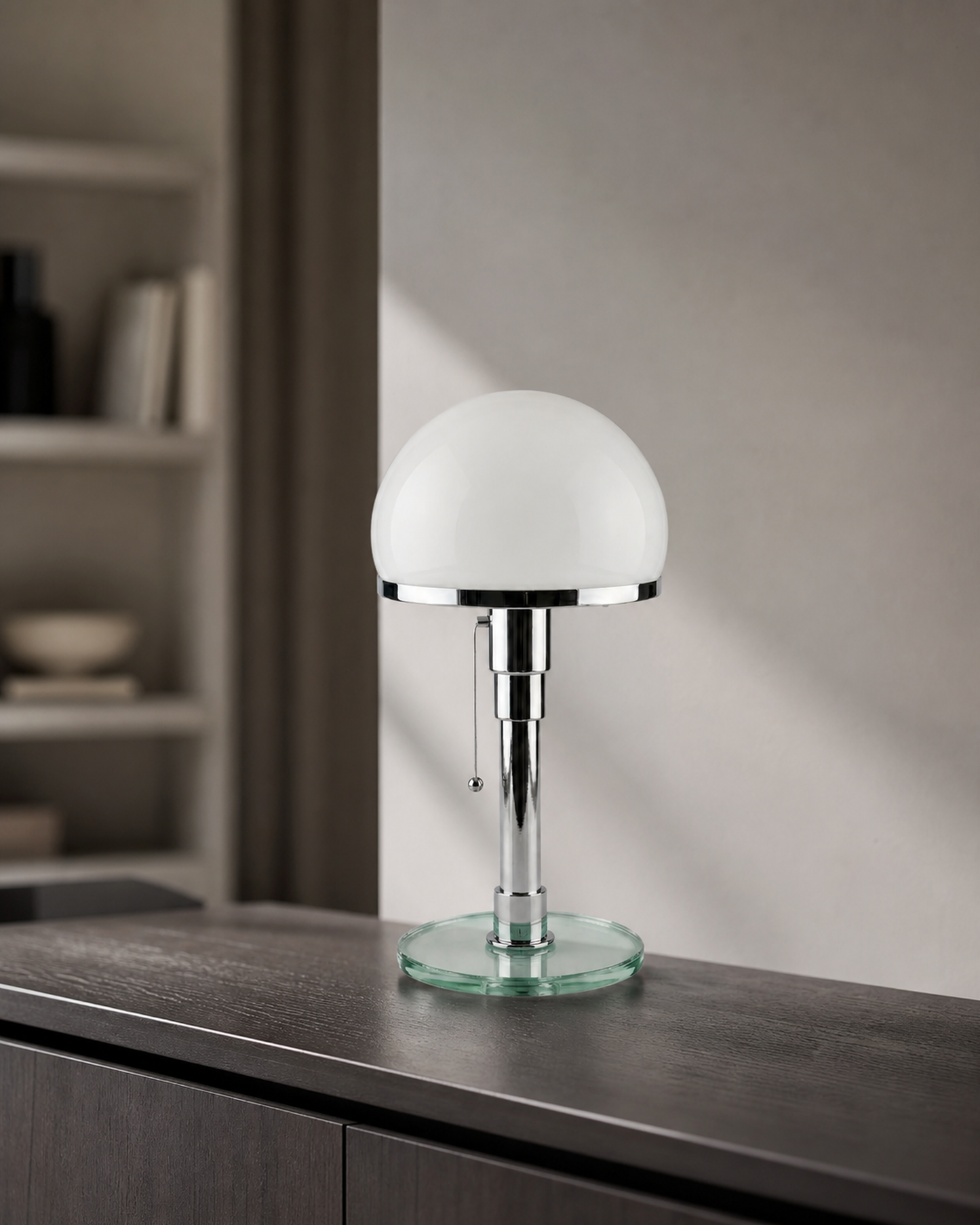 DOLIA Bauhaus Table Lamp — Opal Glass Globe, Chrome Base — Chrome, lifestyle view, dark oak office | DecoHarmonie