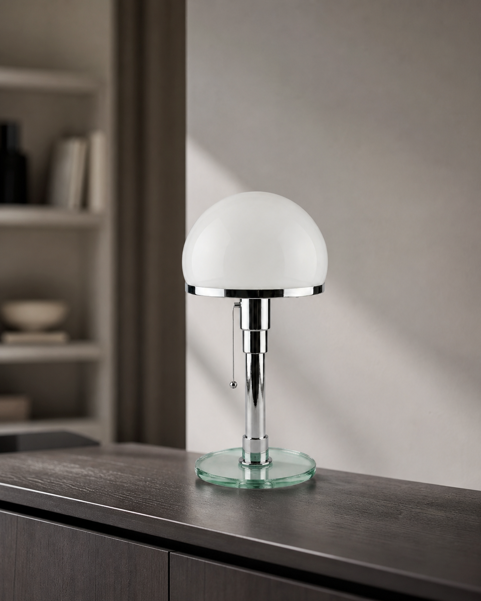DOLIA Bauhaus Table Lamp — Opal Glass Globe, Chrome Base — Chrome, lifestyle view, dark oak office | DecoHarmonie