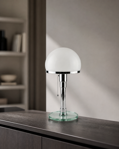 DOLIA Bauhaus Table Lamp — Opal Glass Globe, Chrome Base — Chrome, lifestyle view, dark oak office | DecoHarmonie