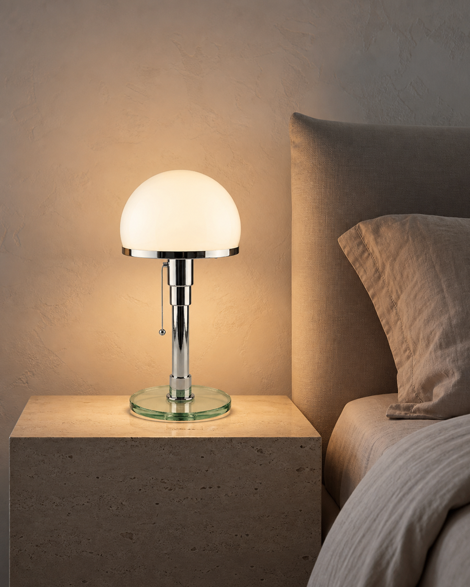DOLIA Bauhaus Table Lamp — Opal Glass Globe, Chrome Base — Chrome, lifestyle view, limestone bedroom | DecoHarmonie