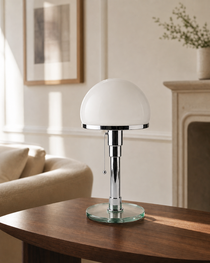 DOLIA Bauhaus Table Lamp — Opal Glass Globe, Chrome Base — Chrome, lifestyle view, walnut living room | DecoHarmonie