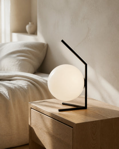ENNA Designer Table Lamp — Angular Frame, Opal Glass Globe — Black, bedroom lifestyle | DecoHarmonie