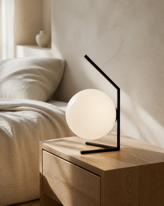 ENNA Designer Table Lamp — Angular Frame, Opal Glass Globe — Black, bedroom lifestyle | DecoHarmonie