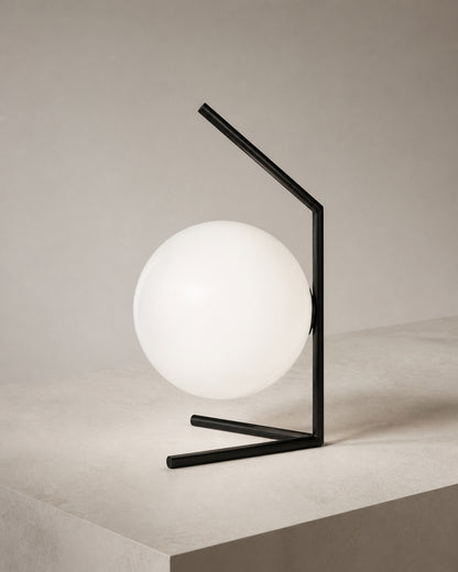 ENNA Designer Table Lamp — Angular Frame, Opal Glass Globe — Black, construction detail | DecoHarmonie